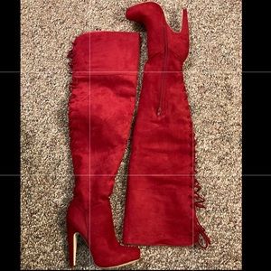 Red lace up thigh high boots
